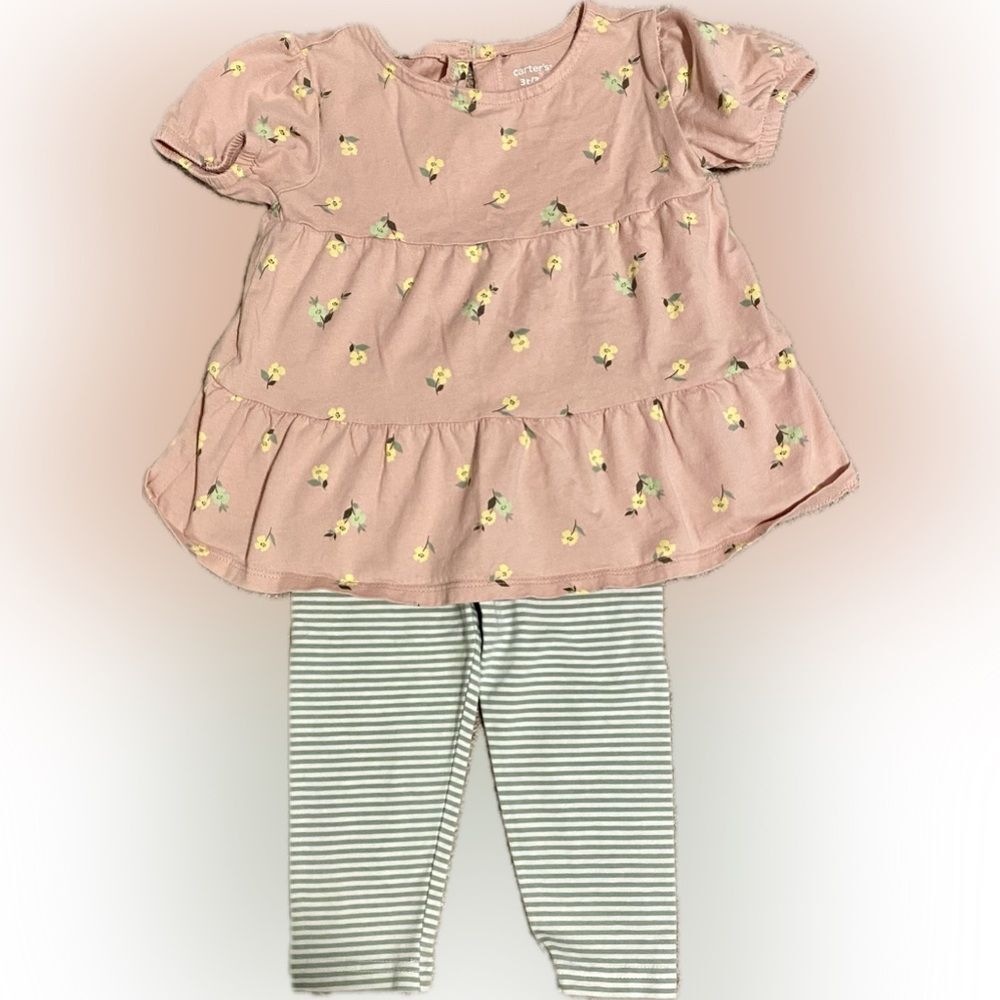 Carter's 3T Peach Floral Tunic with Green Stripe Capri Leggings